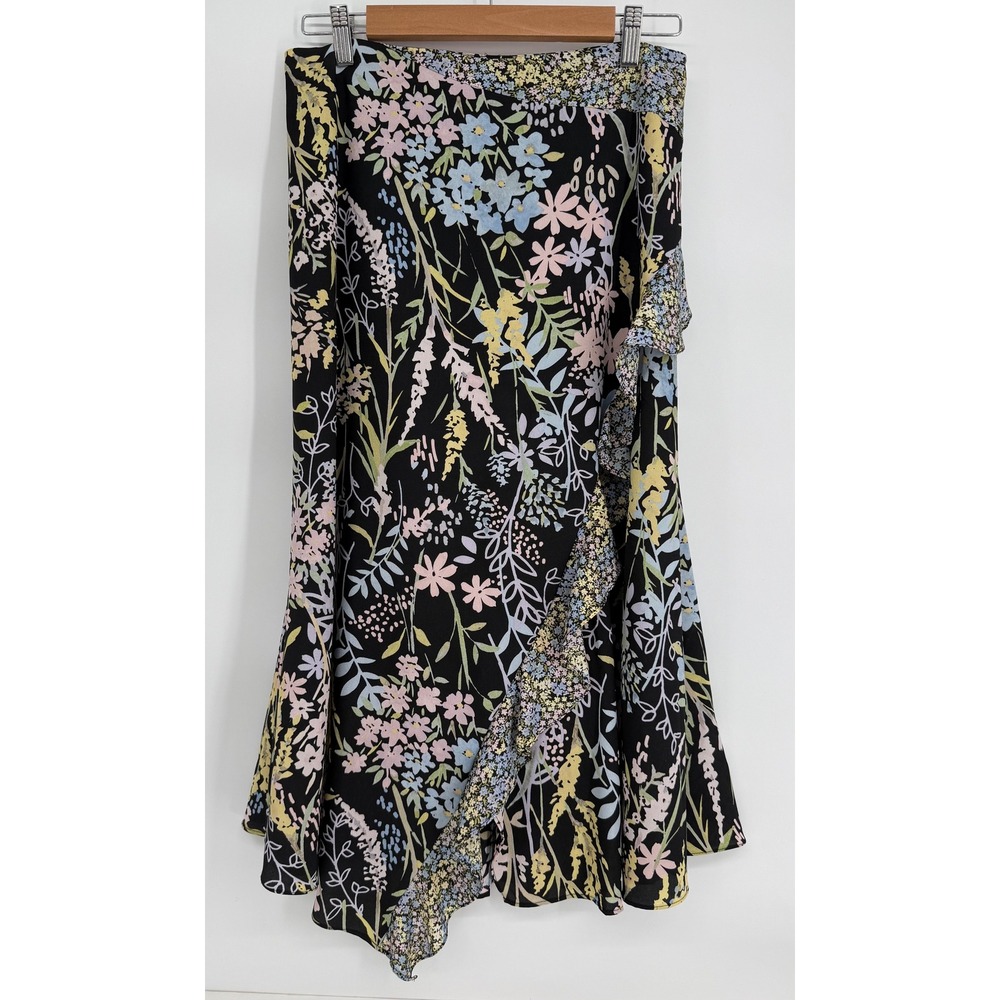 Calvin Klein Womens Floral Asymmetrical Ruffle Midi Skirt Black Sz 8